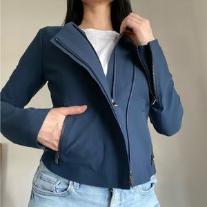 Athleta Stellar Asymmetric Double Zip Cropped Navy Blue Jacket Size XS